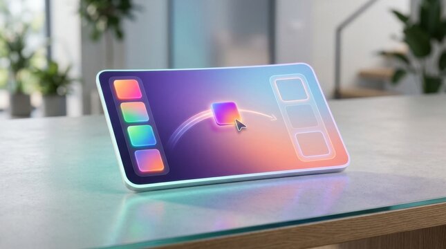 Digital interface panel with gradient color slider controls and interactive touchscreen elements for software settings, interface design, user experience