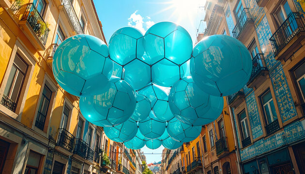 Festive turquoise balloon installation between historic buildings in Lisbon under bright blue sky creates celebratory atmosphere