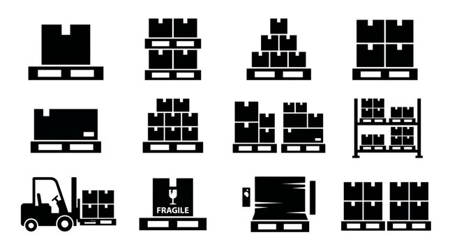 Black silhouettes of warehouse cargo pallets with stacked boxes forklift and storage shelving units on white background, representing logistics management systems, illustrating supply chain operations