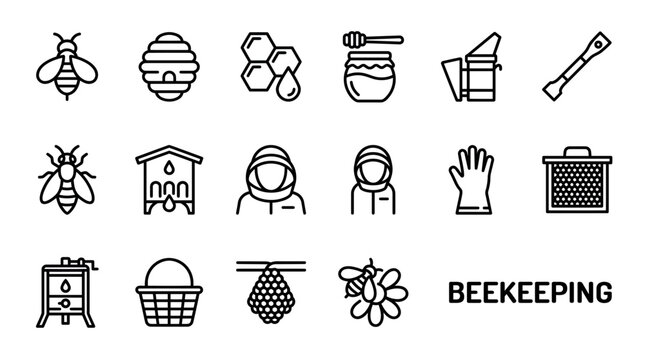 Professional set of beekeeping and honey production line icons featuring bees hives tools and equipment on white background, symbolizing organic farming systems and sustainable apiary management