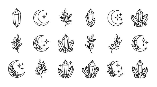 Mystical black line art icons set featuring celestial crescent moons with stars, crystalline minerals and botanical branches, Symbolizing branding identity while illustrating luxury elements