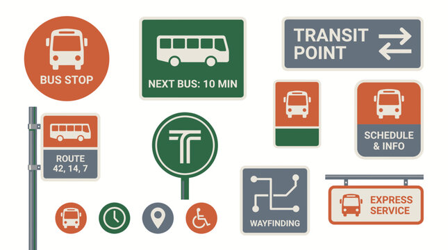 Collection of various modern public bus stop signs and transit information icons in minimalist flat design, illustrating city transport navigation or urban wayfinding systems
