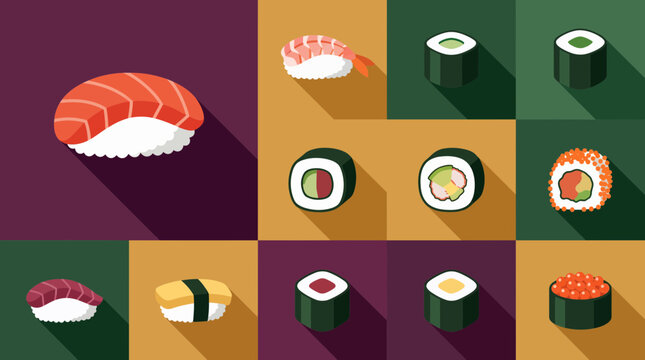 Minimalist flat sushi vector icons collection featuring salmon nigiri and maki rolls on colorful grid background, representing restaurant menu design and provides food delivery app assets