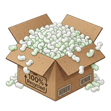 Cardboard box labeled 100 percent recycled overflowing with plastic packing peanuts representing the paradox of eco-friendly shipping