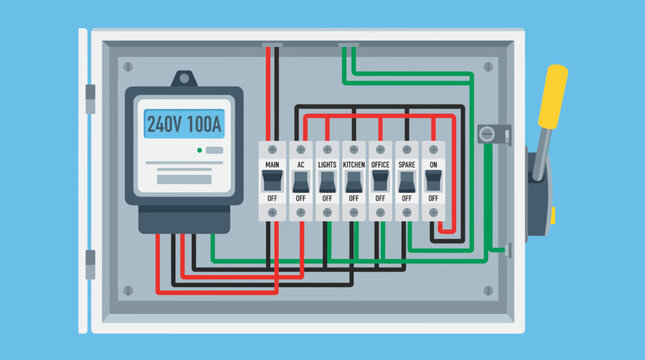 Detailed flat illustration of an electrical circuit breaker panel with digital meter and color coded wiring, providing residential safety maintenance or illustrating home power distribution