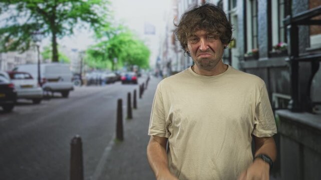 Man covering his eyes with hands on a city street, wristwatch and bracelets visible, rubbing face gesture; fatigue commute routine.