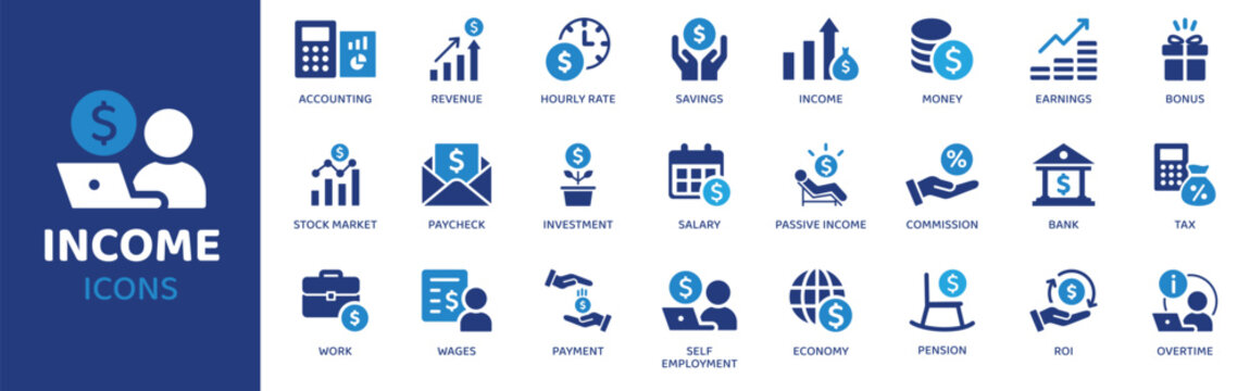 Income flat icon set. Containing icons as accounting, revenue, hourly rate, savings, income, money, earnings and more. Solid vector web icons collection.