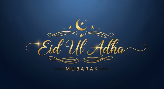 Eid al adha mubarak golden calligraphy with crescent moon and stars islamic holiday