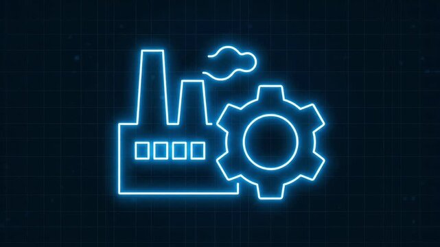 Blue Neon Factory Icon with Gear and Smoke on Dark Background.