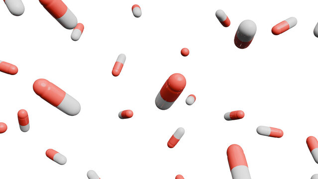 Floating Red and White Capsules on White Background