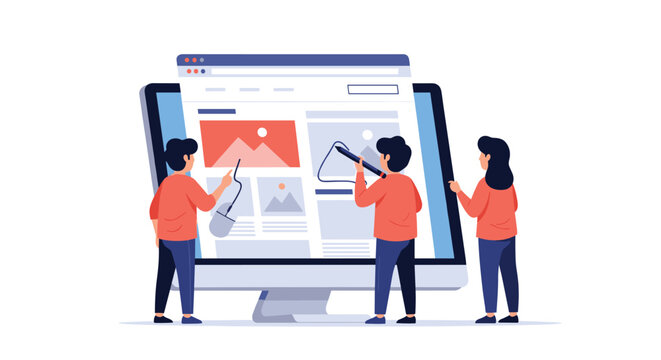 Three professionals in uniform orange shirts work together on a large website layout displayed on a computer screen within a bright and minimal office studio environment.