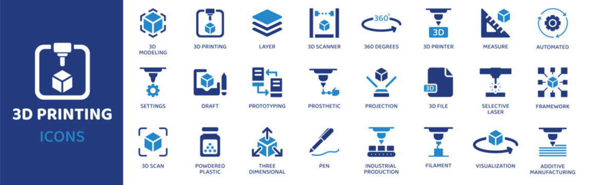 3d printing flat icon set. Containing icons as 3d modeling, 3d printing, layer, 3d scanner, 360 degrees, 3d printer, measure and more. Solid vector web icons collection.