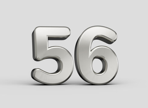 A bold chrome digit fifty-six rendered with a premium silver metallic texture. 3D illustration