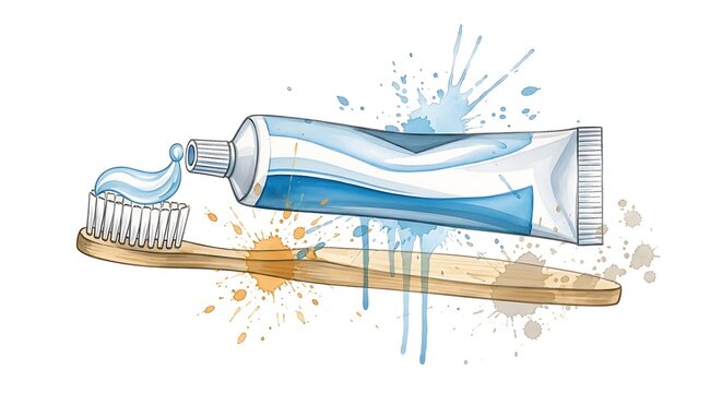 Watercolor illustration of toothbrush and toothpaste