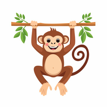 Cute cartoon monkey hanging from a tree branch