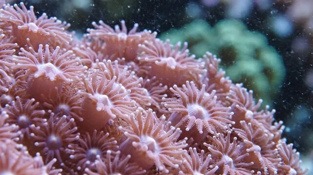 Macro close-up of light pink Goniopora flowerpot coral polyps with extended delicate feathery tentacles in a saltwater reef aquarium, showing intricate biological details and textures.