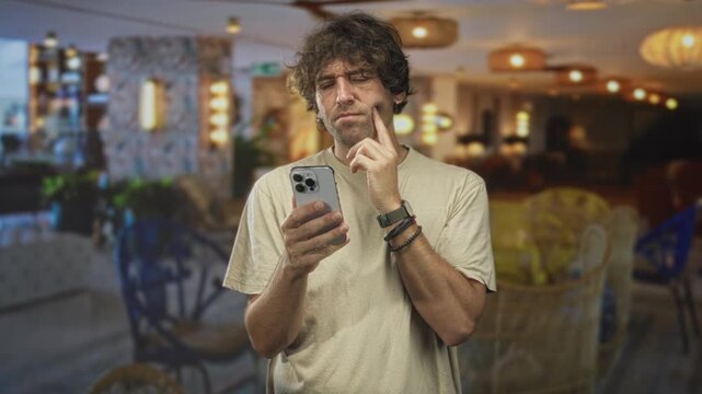 Man in casual t shirt holding smartphone, furrowed brow, fingers to hair while reading screen in a building; confusion doubt.
