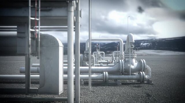 Industrial pipeline network of steel pipes, valves and flanges carrying gas, oil and chemicals across a refinery or plant, highlighting energy infrastructure and distribution systems