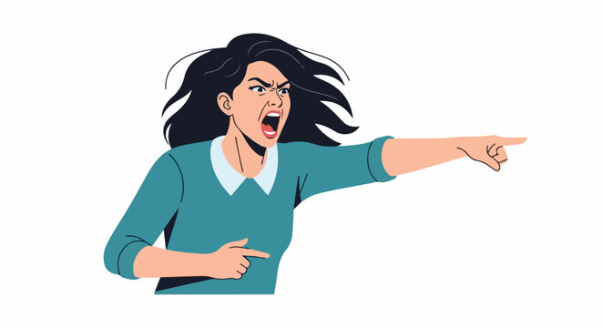 An angry woman with dark hair points accusingly forward