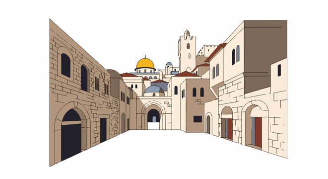 An ancient city street with stone buildings and domed rooftops under a white sky