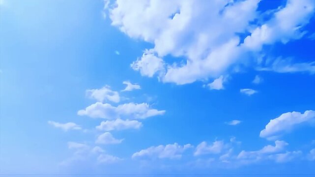 Cinematic blue sky with puffy white clouds drifting slowly across horizon during bright sunny day creates peaceful atmosphere for video projects requiring natural backgrounds and high quality footage.