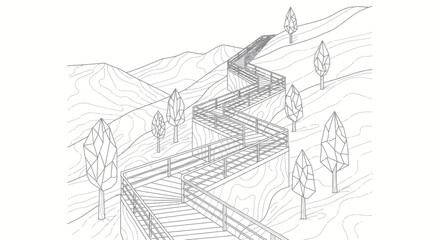 Obraz premium Winding mountain staircase leading up a hilly landscape with geometric trees in minimalist outline.