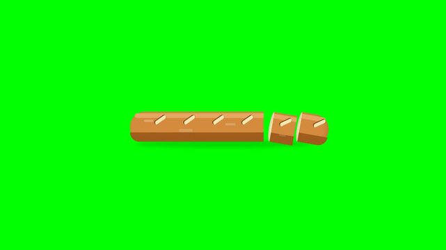 Animated Baguette French Bread Sliced by Knife 2D Vector Illustration on Chroma Key Green Screen