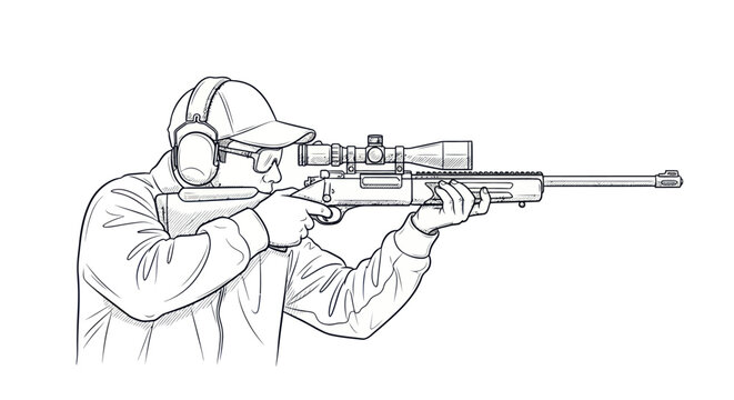 Sharpshooter aims rifle with scope and ear protection.