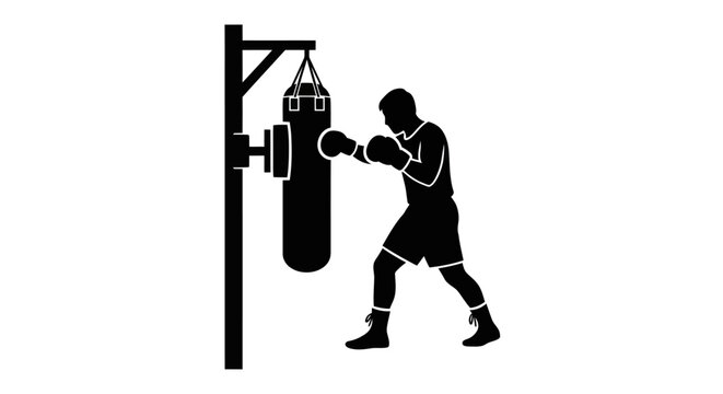 Male boxer training with a punching bag, black silhouette on white background.