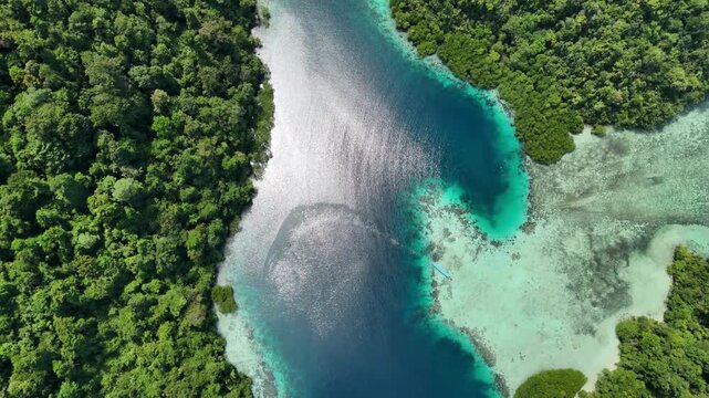 A stunning aerial drone view of the tropical lagoons and turquoise waters of Labengki Island, Sulawesi, Indonesia. Crystal-clear ocean water, coral reef formations, and untouched rainforest islands cr