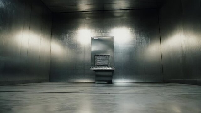 Industrial refrigeration unit standing centrally in an empty cold storage room, featuring reflective metal walls and a concrete floor under ambient lighting