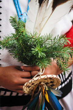 Pine sprig held in hands during pueblo gathering