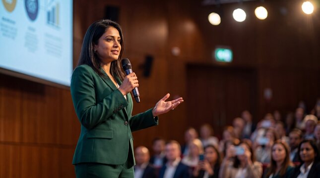 indian business woman giving presentation, female speaker at conference.professional woman speaking on stage, corporate seminar presentation
female entrepreneur with microphone.