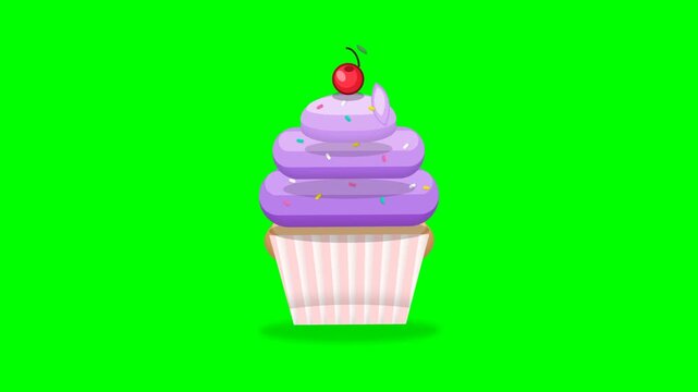 Animated Purple Cupcake with Sprinkles and Cherry on Green Screen Chroma Key