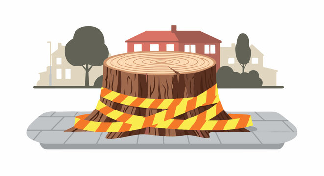 A tree stump cordoned off with hazard tape on a sidewalk in front of houses
