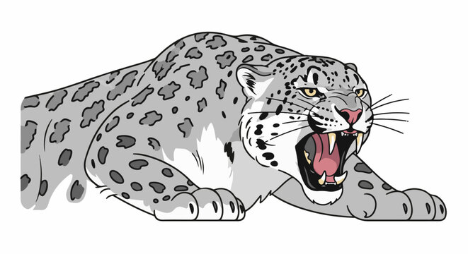 A stylized, roaring snow leopard with fangs bared against a white background