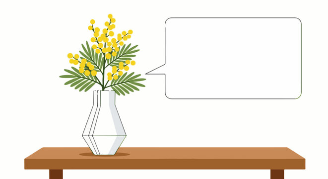 A vase of yellow flowers sits on a wooden table with a speech bubble