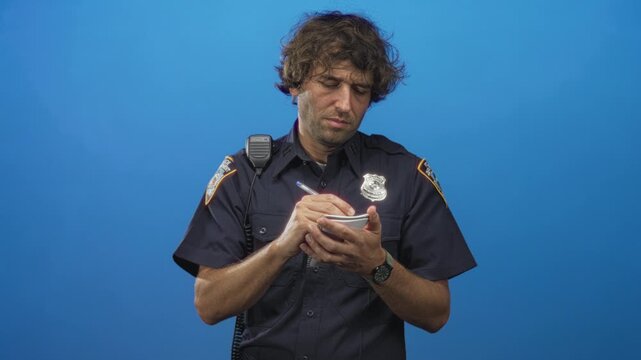 Police man in uniform writing in a small notebook with pen and radio mic, looking down against a blue studio backdrop; duty professionalism focus.
