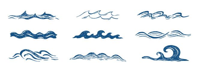 Naklejka premium Summer beach sea waves set, borders. Linocut wave silhouette crayon texture. Blue water waves, line sketch water with splash, ripple. 