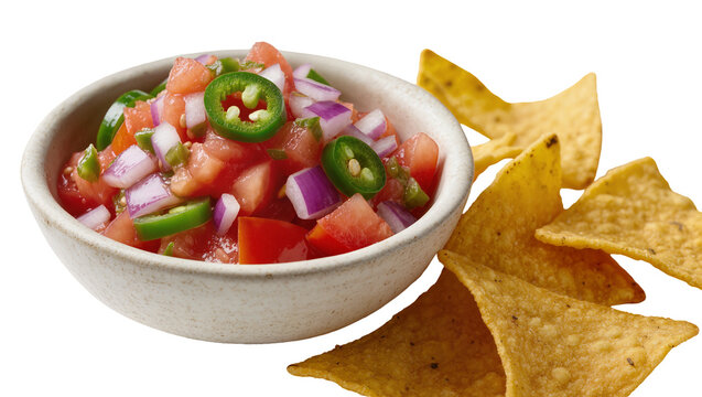 Isolated fresh pico de gallo salsa in a bowl with crispy golden tortilla chips appetizer.