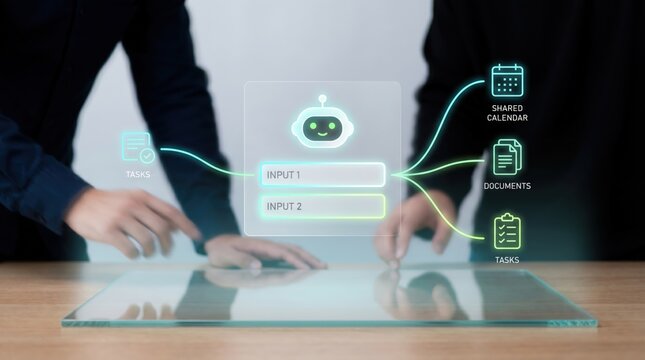 Diverse Team Collaborating on Project Management with Holographic AI Chatbot, Shared Calendar, and Task List Interface
