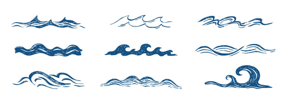 Summer beach sea waves set, borders. Linocut wave silhouette crayon texture. Blue water waves, line sketch water with splash, ripple. 