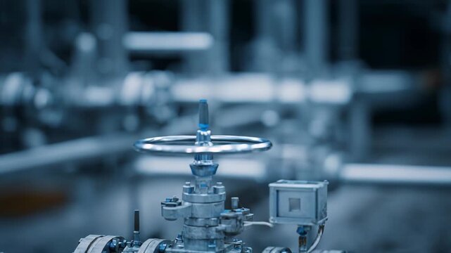 Industrial valve and pipeline infrastructure regulating the flow of gas or oil, representing energy production, engineering, and chemical processing in a refinery or factory setting