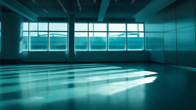 Modern airport interior featuring an expansive empty hall with large windows casting geometric shadows and reflections on the polished floor, creating a spacious and clean architectural design