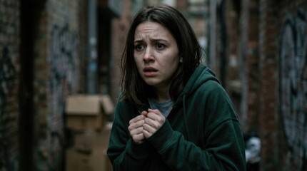 Fototapeta premium A young woman with dark hair sits huddled in a dark alleyway, clutching her fists. She appears frightened and distressed, her face expressing fear and vulnerability.
