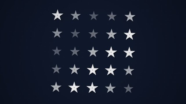 Abstract Digital 5 Star Rating Grid Animation with Flickering White Stars on Dark Background for Business Evaluation