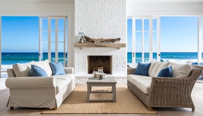 Obraz premium Experience luxury coastal living in this bright room featuring a white brick fireplace, cozy sofas, and breathtaking ocean views. Ideal for highend real estate and travel marketing.