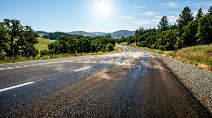Fototapeta premium Professional Fresh Blacktop Roadway Glowing Under Brutal Sunlight With Heat Wave Dramatic Urban Texture Photo