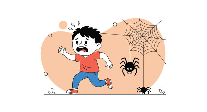 Young boy running away in fear from large black spiders and a giant spiderweb against a simple orange background in an illustrative style.