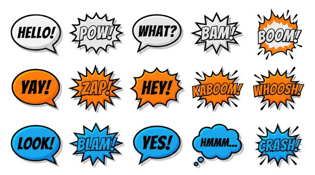 Comic speech bubbles collection sound effects action words isolated on transparent background
